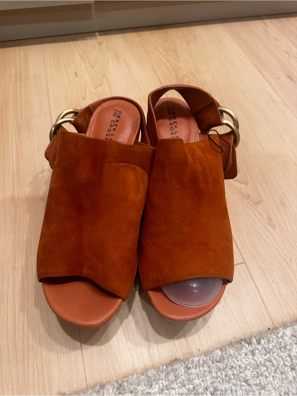 Derek Lam 10 Crosby Rust Suede Open-Toe Slide Mules with Gold Buckle
